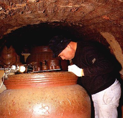 Mori Togaku looking inside large jar (kame)